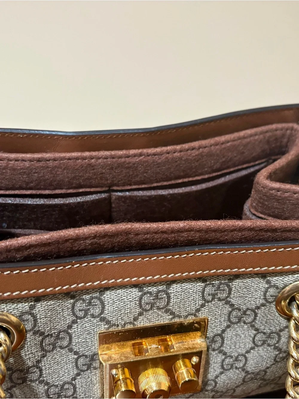 Gucci Brown GG Supreme Leather-Trim Shoulder Bag with Gold Hardware